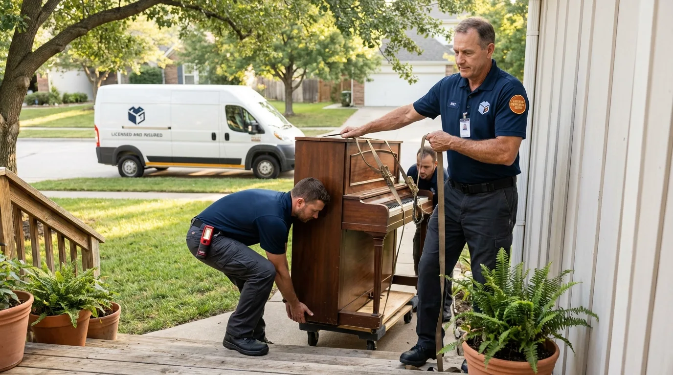 Licensed piano movers securing grand piano in Croydon, PA